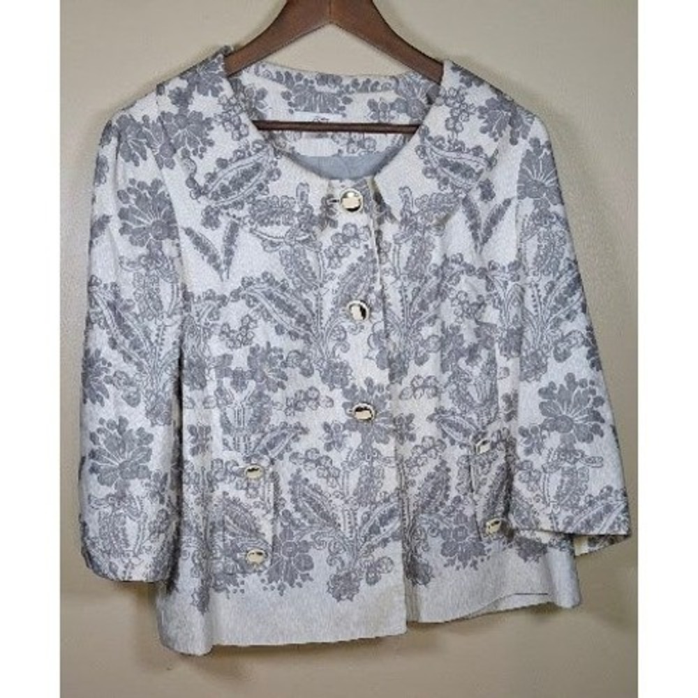 Ann Taylor LOFT Silk Linen Floral Paisley Cropped Jacket Grey White Size 14